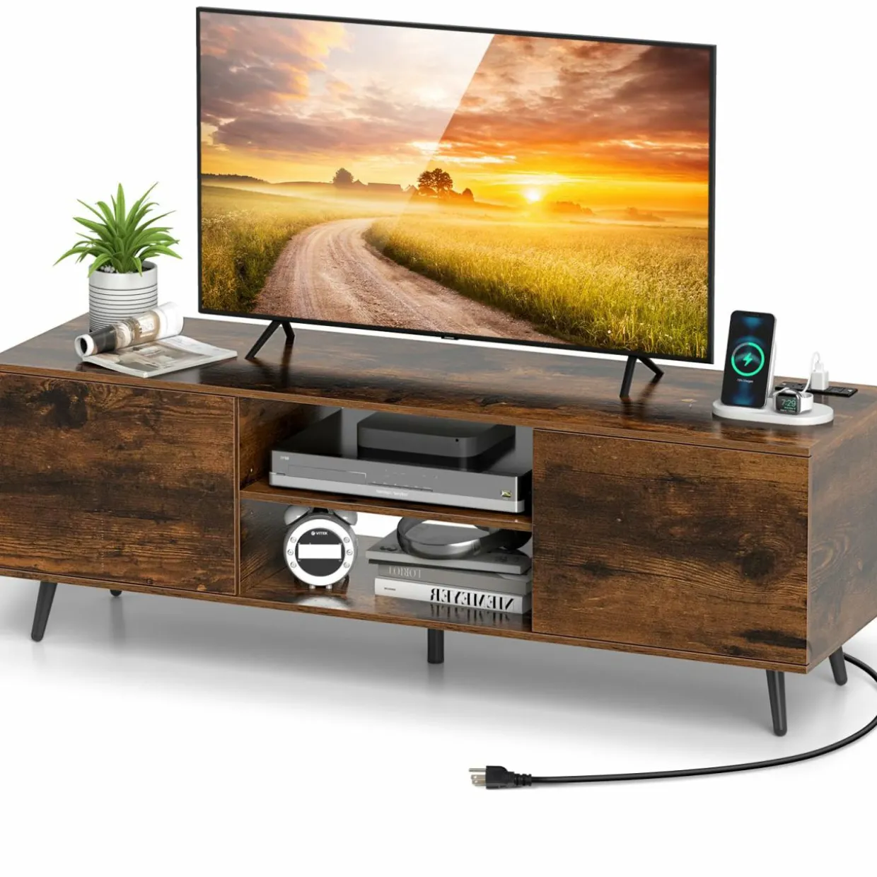 Tangkula TV Stand for 60" TVs, Entertain Center w/Power Outlets