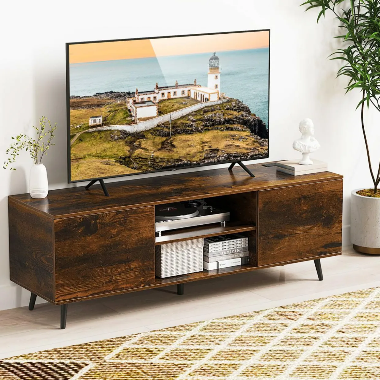 Tangkula TV Stand for 60" TVs, Entertain Center w/Power Outlets