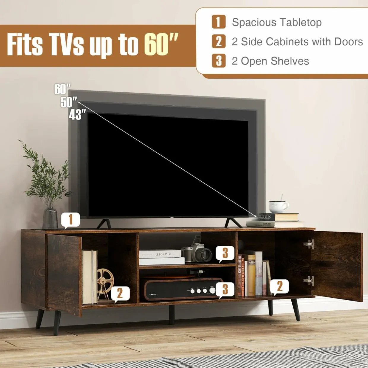 Tangkula TV Stand for 60" TVs, Entertain Center w/Power Outlets