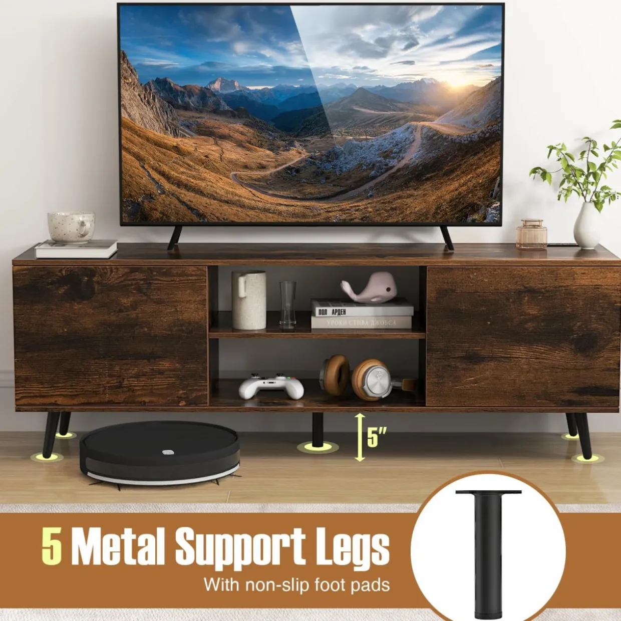 Tangkula TV Stand for 60" TVs, Entertain Center w/Power Outlets