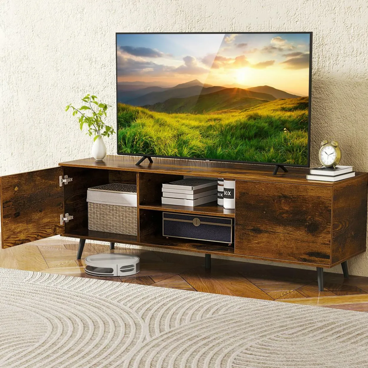 Tangkula TV Stand for 60" TVs, Entertain Center w/Power Outlets