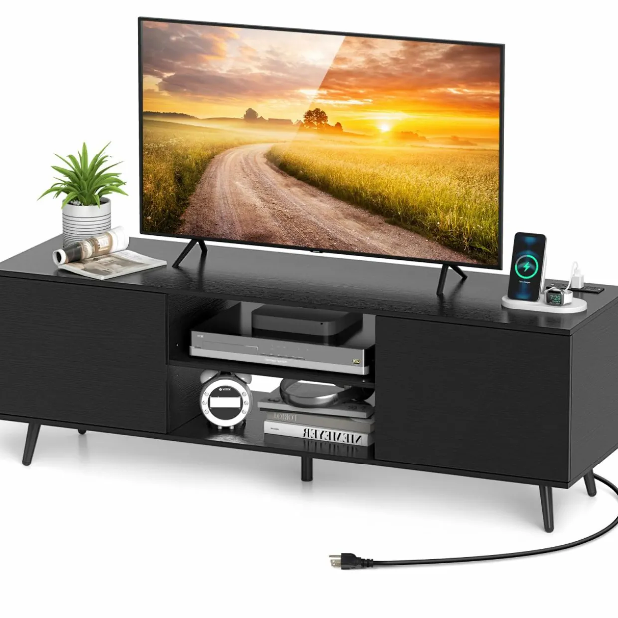 Tangkula TV Stand for 60" TVs, Entertain Center w/Power Outlets