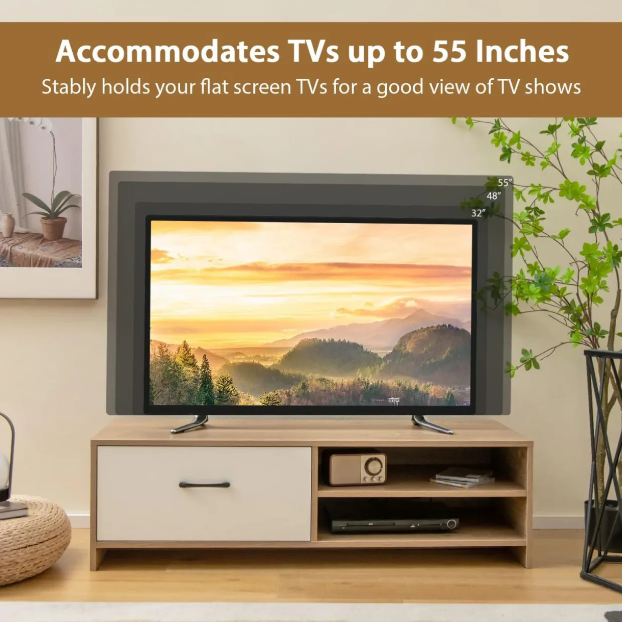 Tangkula TV Stand for 55-Inch TV, TV Console Table with 2 Open Shelf & Drawer