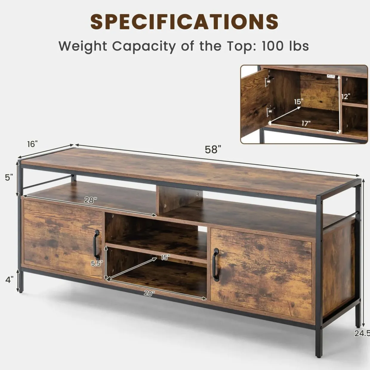 Tangkula TV Stand for TVs up to 65"- 58"TV Console Table w/Side Cabinets & Adjustable Shelf