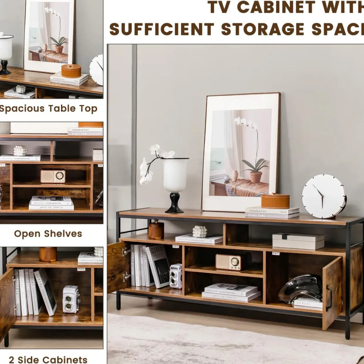 Tangkula TV Stand for TVs up to 65"- 58"TV Console Table w/Side Cabinets & Adjustable Shelf