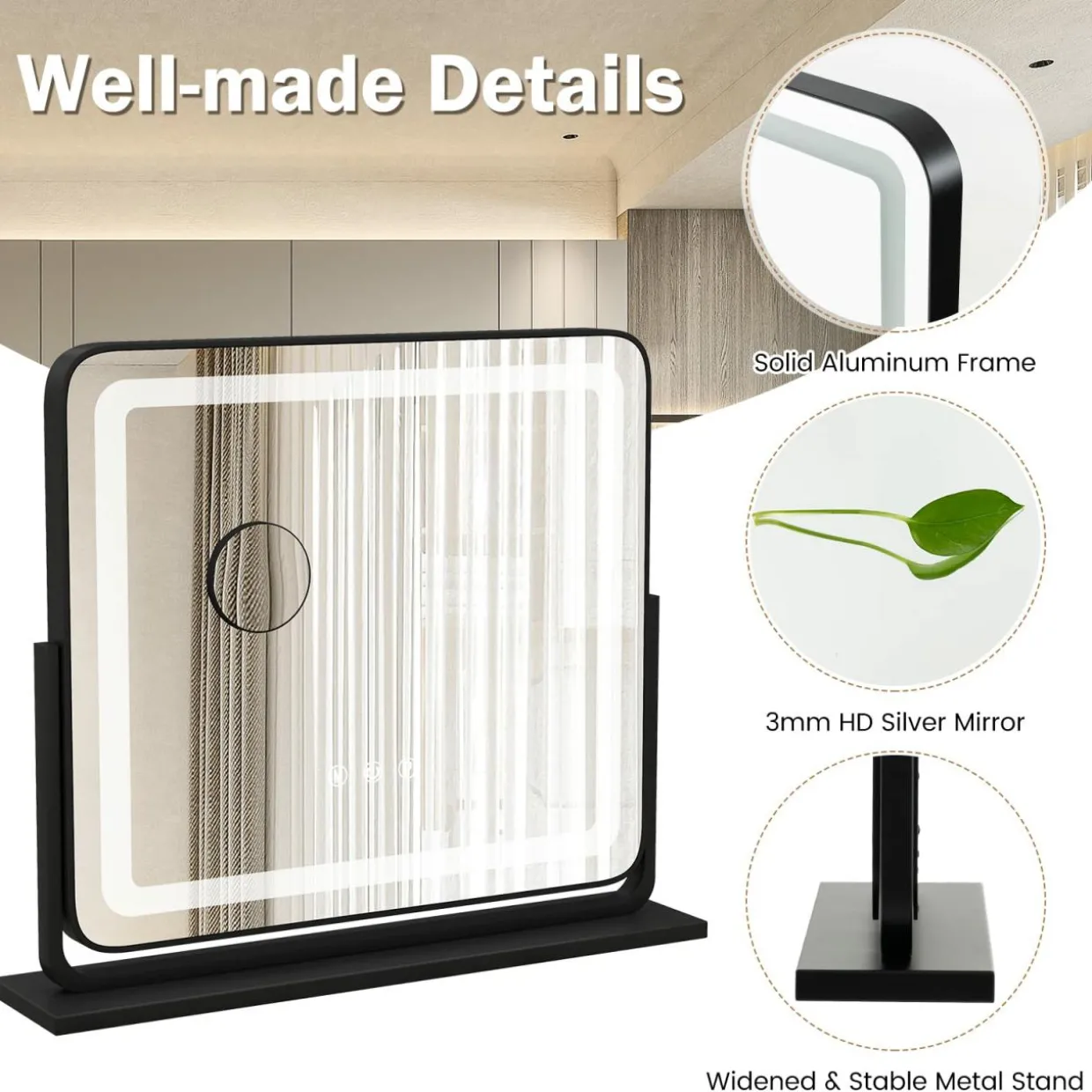 Tangkula Vanity Mirror with LED Lights, 22" x19" Lighted Mirror w/Dimmable 3 Color Modes