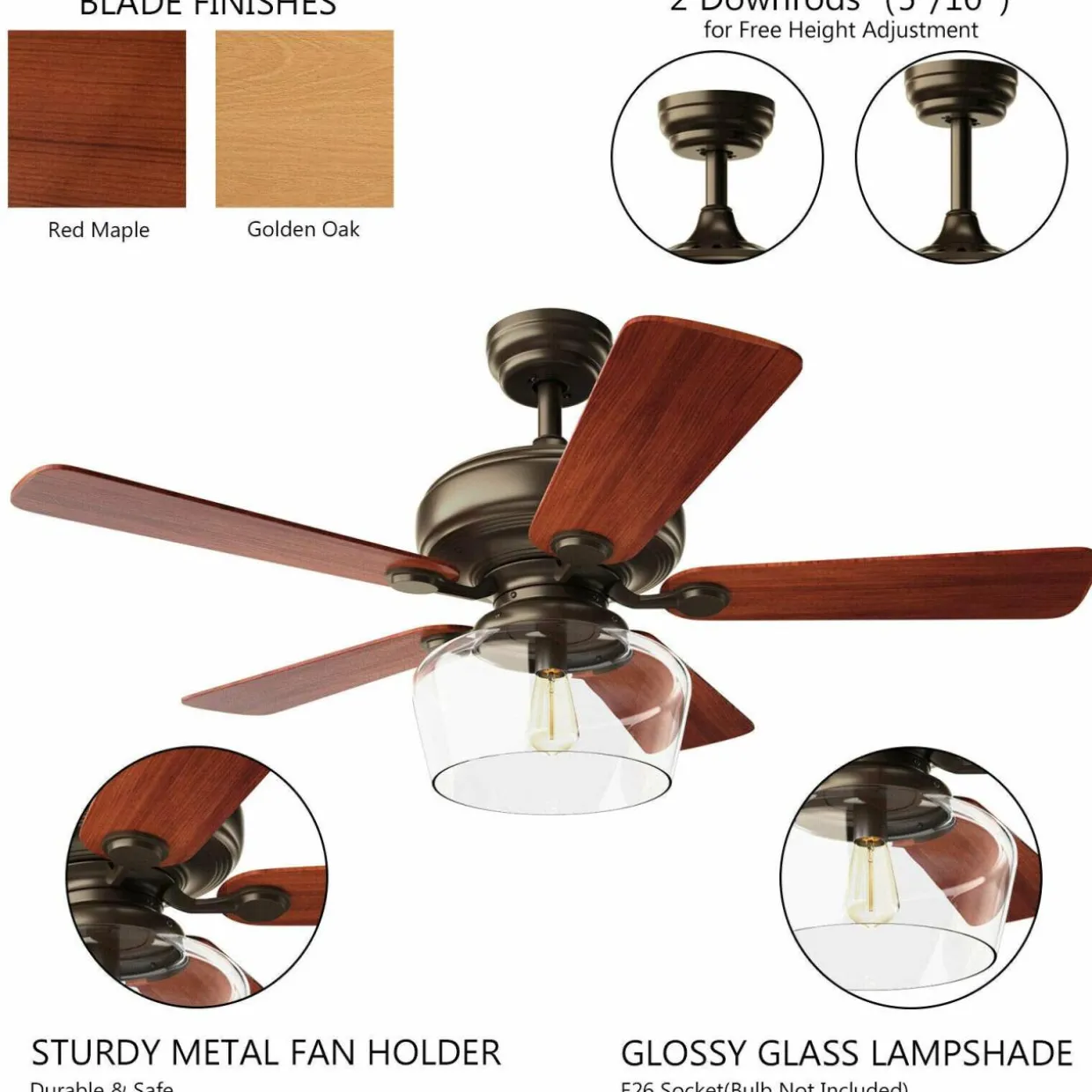 Tangkula Vintage Ceiling Fan with Light, 52-Inch Indoor Ceiling Fan with Glass shade, LED Ceiling Fan (Espresso)