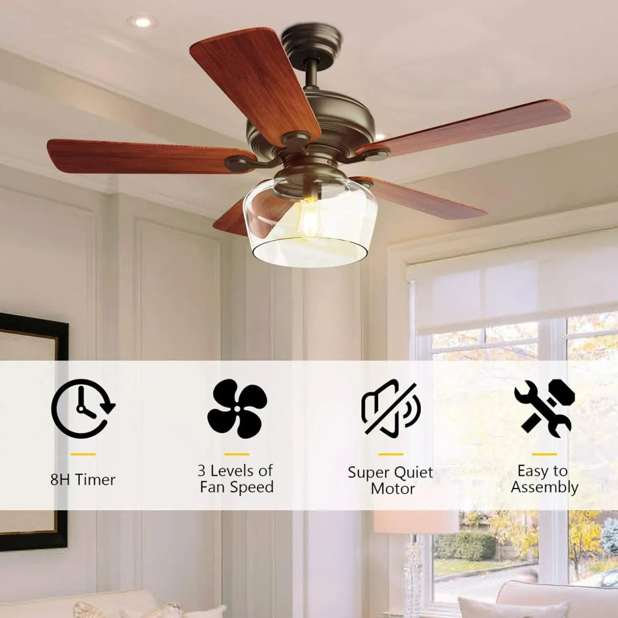 Tangkula Vintage Ceiling Fan with Light, 52-Inch Indoor Ceiling Fan with Glass shade, LED Ceiling Fan (Espresso)