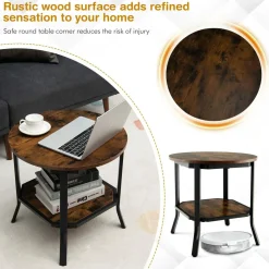 Tangkula Vintage Round End Table, Industrial 2-Tier Side Table with Storage Shelf & Steel Frame