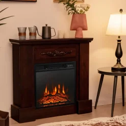Tangkula 1400W 32 Inches Electric Fireplace with Mantel, Freestanding Fireplace Heater with 3D Flame Effect, Remote Control