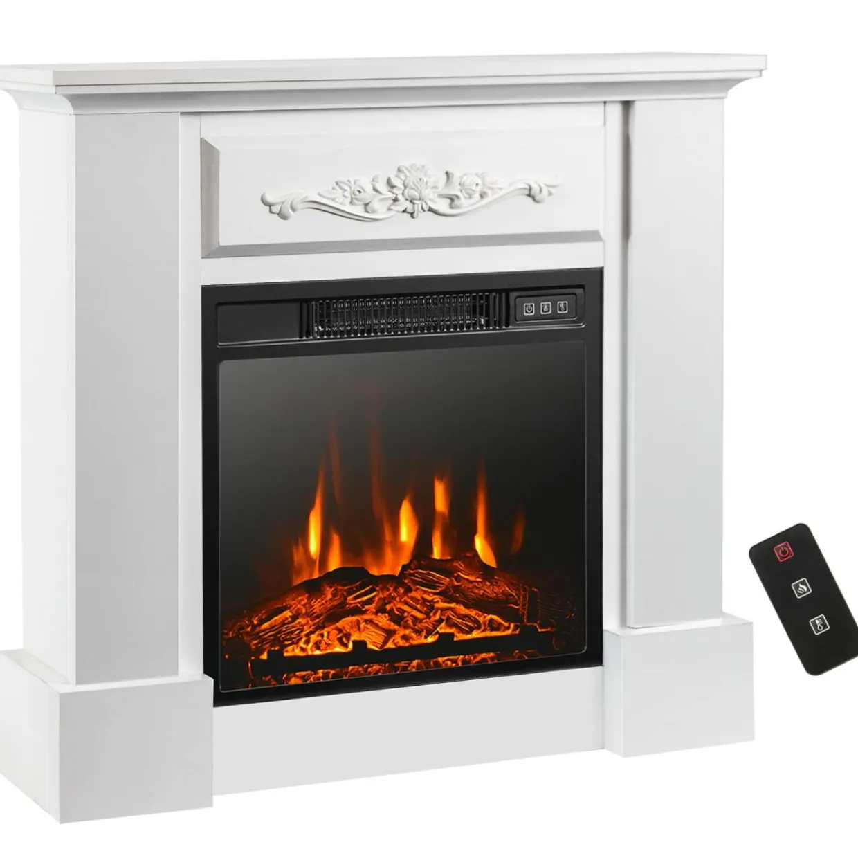 Tangkula 1400W 32 Inches Electric Fireplace with Mantel, Freestanding Fireplace Heater with 3D Flame Effect, Remote Control