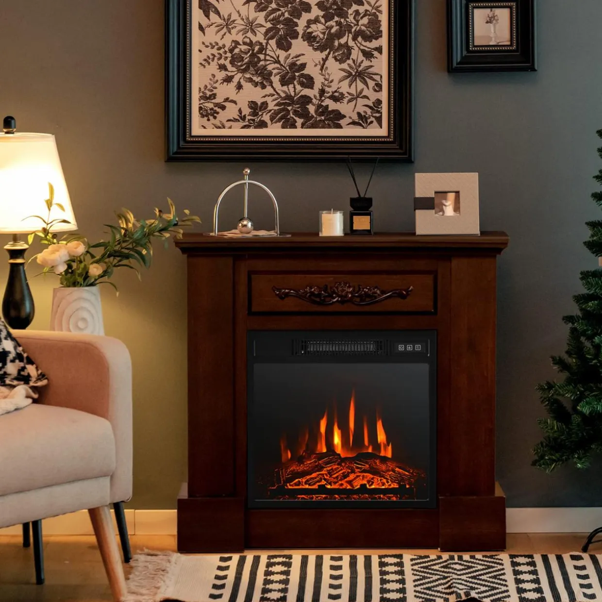 Tangkula 1400W 32 Inches Electric Fireplace with Mantel, Freestanding Fireplace Heater with 3D Flame Effect, Remote Control