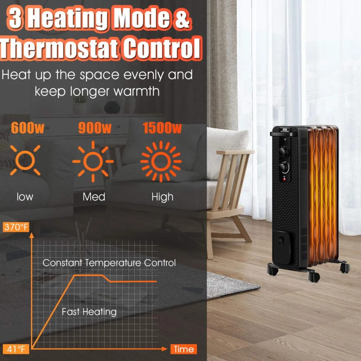 Tangkula 1500W Oil Filled Radiator Heater, Portable Space Heater Radiator w/ 3 Heating Modes & Adjustable Thermostat