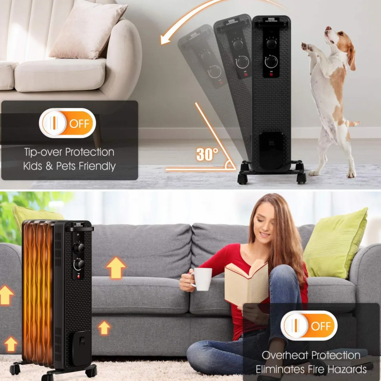 Tangkula 1500W Oil Filled Radiator Heater, Portable Space Heater Radiator w/ 3 Heating Modes & Adjustable Thermostat