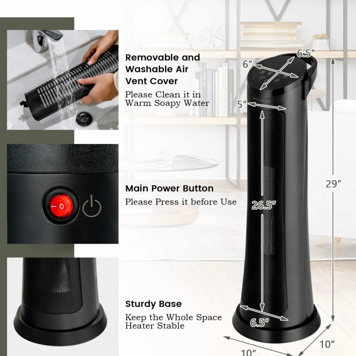 Tangkula 1500W Oscillating Space Heater, Fast Heating Ceramic PTC Tower Heater with Thermostat