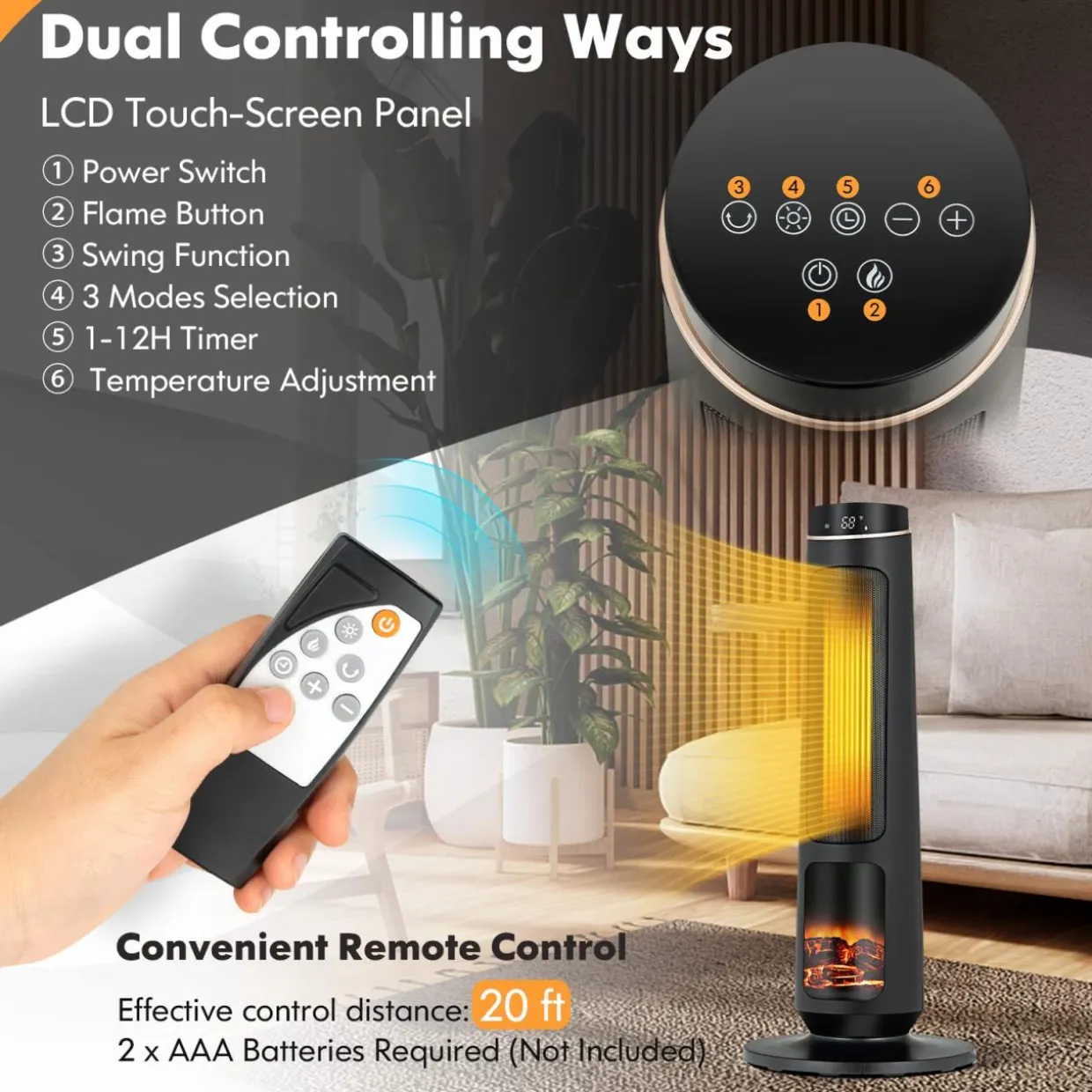 Tangkula 1500W Oscillating Space Heater, Fast Heating Ceramic PTC Tower Heater with Thermostat