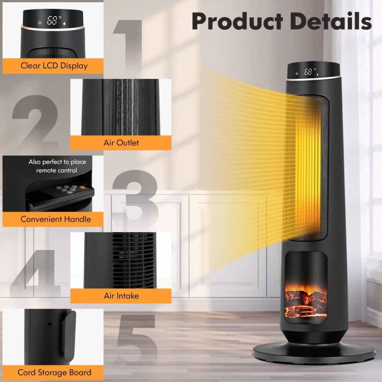 Tangkula 1500W Oscillating Space Heater, Fast Heating Ceramic PTC Tower Heater with Thermostat