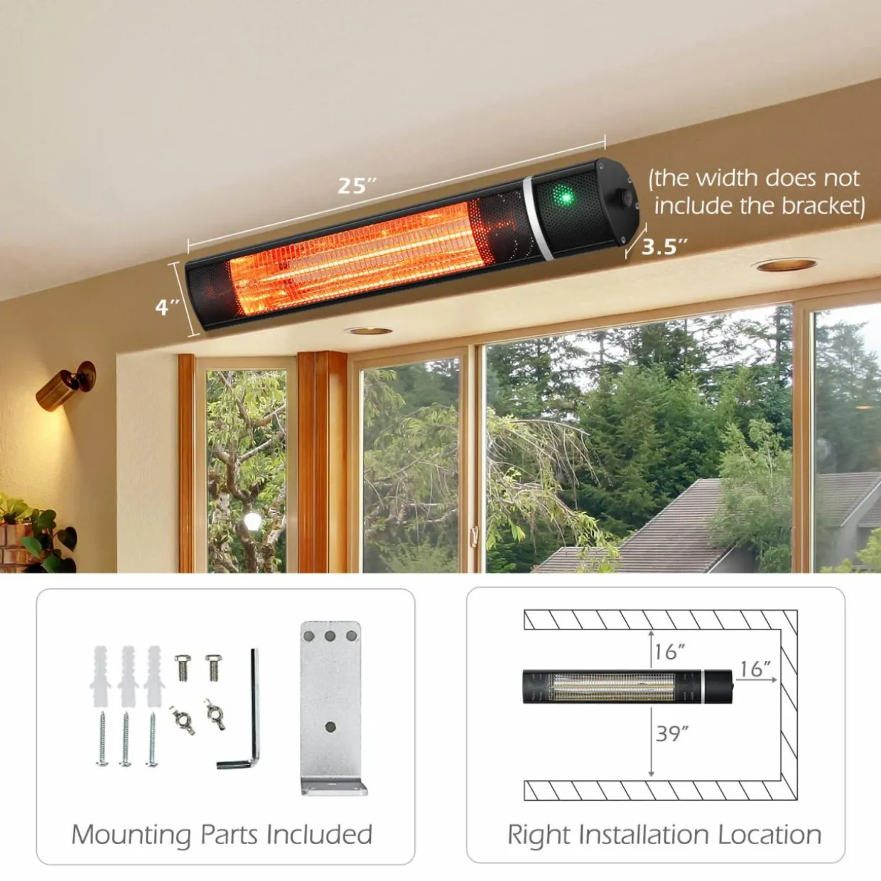 Tangkula 1500W Wall-Mounted Patio Heater, Electric Gold Tube Infrared Space Heater w/ 3 Power Settings, Remote Control for Indoor/Outdoor