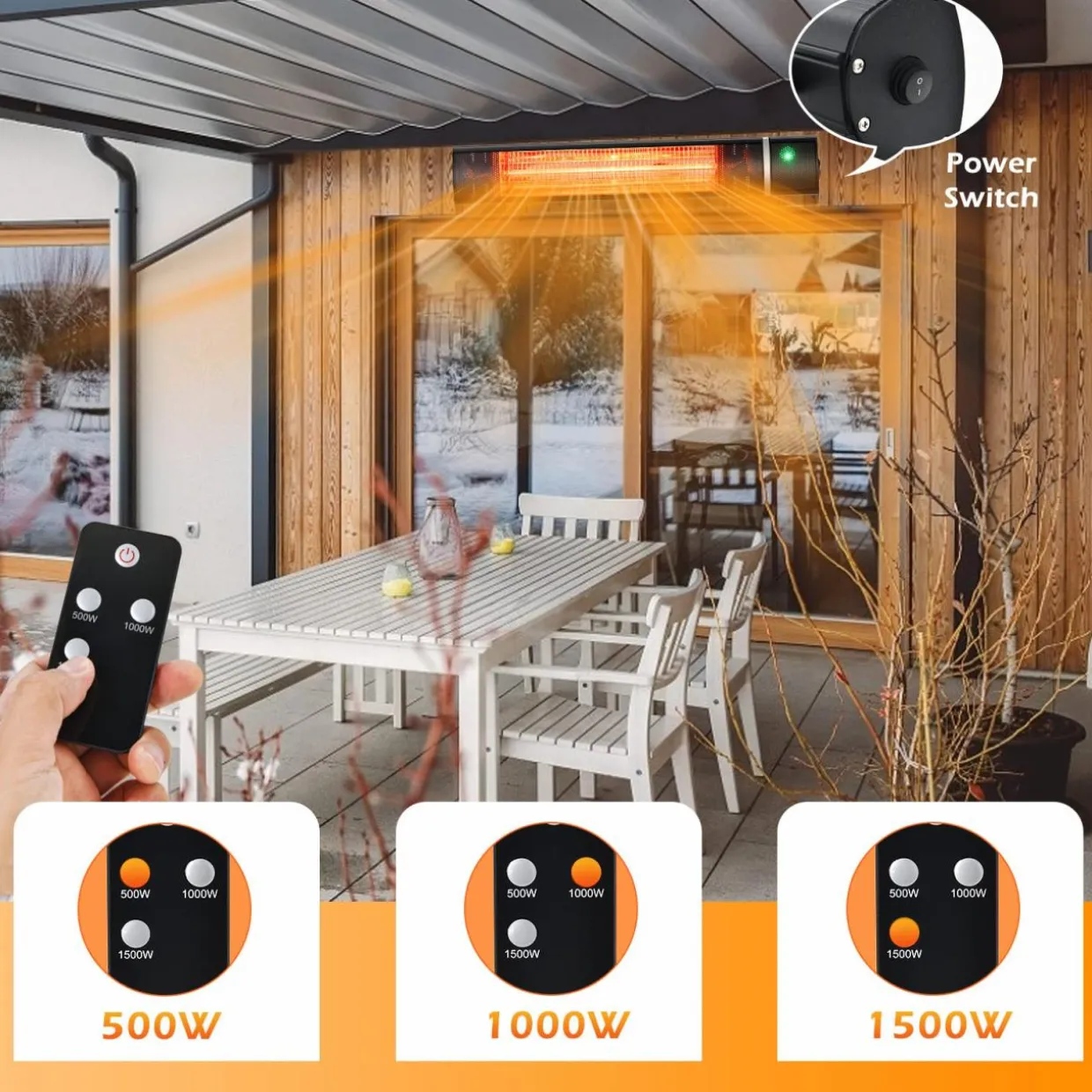 Tangkula 1500W Wall-Mounted Patio Heater, Electric Gold Tube Infrared Space Heater w/ 3 Power Settings, Remote Control for Indoor/Outdoor