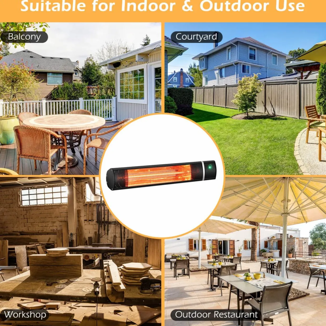 Tangkula 1500W Wall-Mounted Patio Heater, Electric Gold Tube Infrared Space Heater w/ 3 Power Settings, Remote Control for Indoor/Outdoor