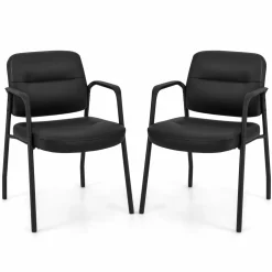 Tangkula Waiting Room Guest Chairs, Upholstered PU Leather Conference Room Chairs with Integrated Armrests, Black