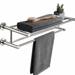 Tangkula Wall Mounted Bathroom Shelf with 2-Tier Towel Bars, 24 Inch Stainless Steel Towel Shelf