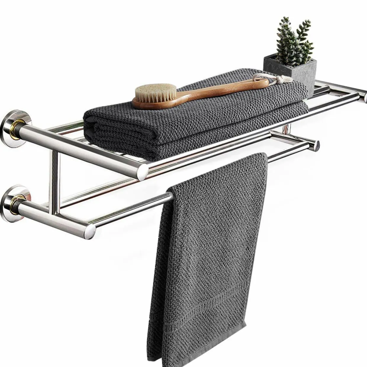 Tangkula Wall Mounted Bathroom Shelf with 2-Tier Towel Bars, 24 Inch Stainless Steel Towel Shelf