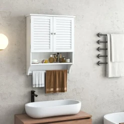 Tangkula Wall Mounted Bathroom Cabinet with Open Shelf & Bar