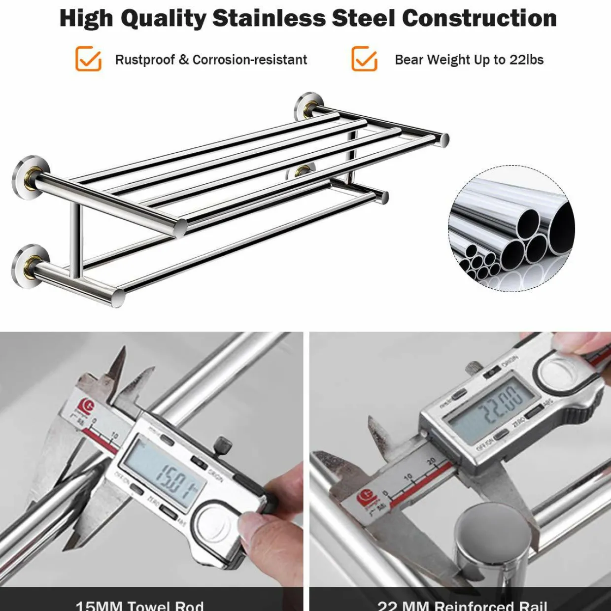 Tangkula Wall Mounted Bathroom Shelf with 2-Tier Towel Bars, 24 Inch Stainless Steel Towel Shelf