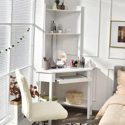 Tangkula White Corner Desk with Hutch, 90 Degrees Triangle Corner Computer Desk
