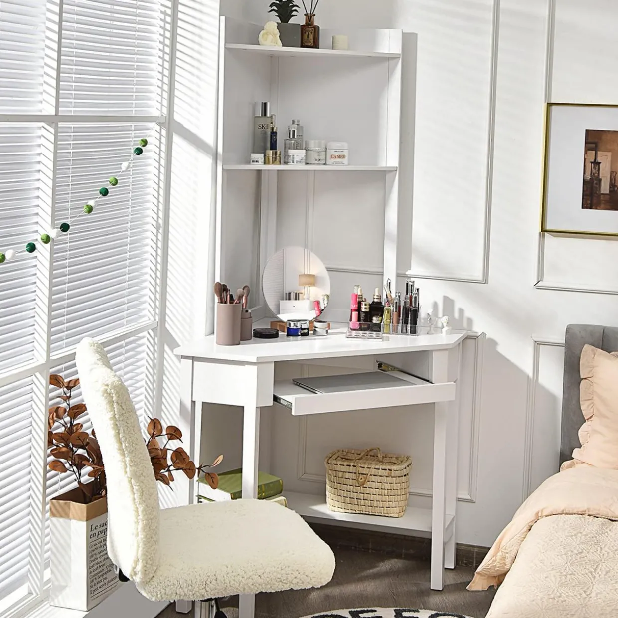 Tangkula White Corner Desk with Hutch, 90 Degrees Triangle Corner Computer Desk