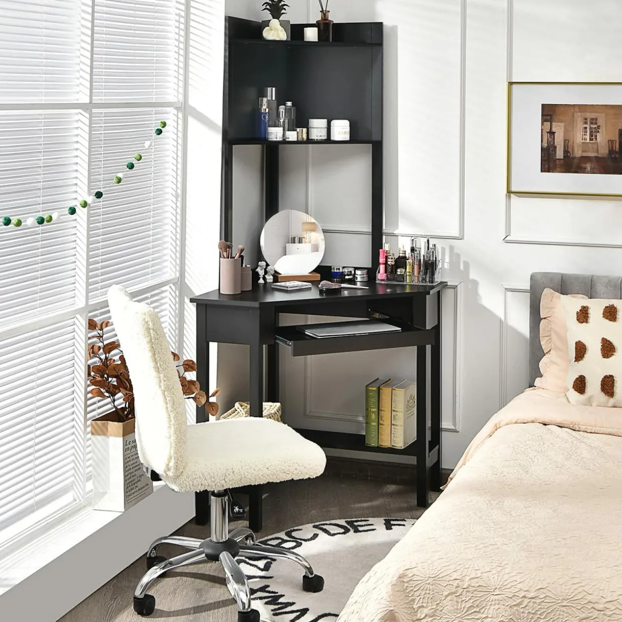 Tangkula White Corner Desk with Hutch, 90 Degrees Triangle Corner Computer Desk
