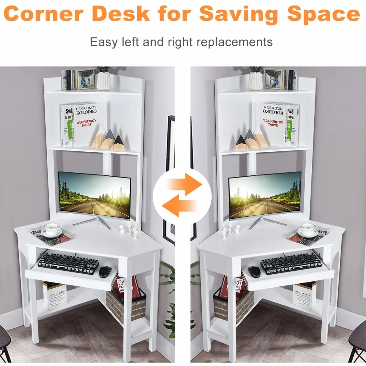 Tangkula White Corner Desk with Hutch, 90 Degrees Triangle Corner Computer Desk