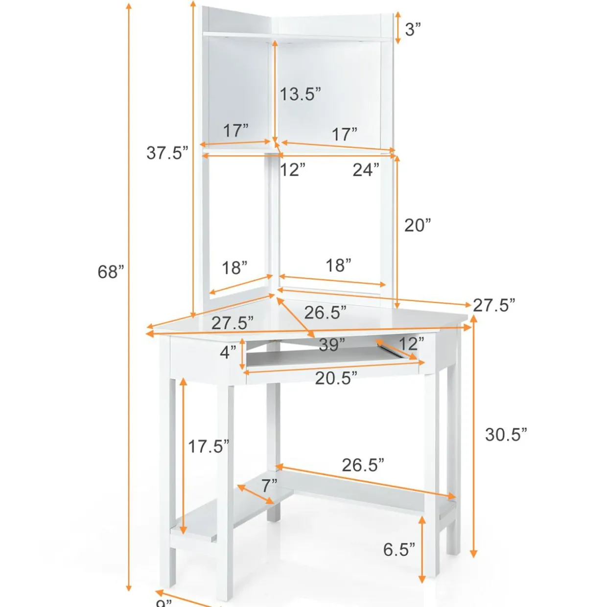 Tangkula White Corner Desk with Hutch, 90 Degrees Triangle Corner Computer Desk