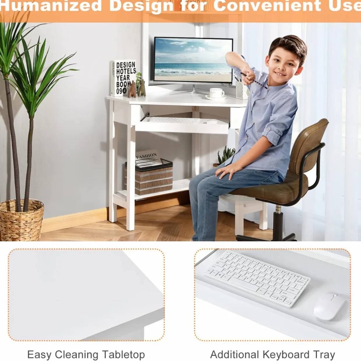 Tangkula White Corner Desk with Hutch, 90 Degrees Triangle Corner Computer Desk