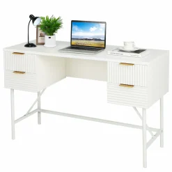 Tangkula White Desk with 4 Drawers, 48 Inch Home Office Desk with Storage, Writing Desk with Metal Frame for Bedroom, Study, Office