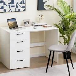 Tangkula White Desk with 4 Storage Drawers