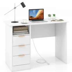 Tangkula White Desk with 3 Drawers & Built-in Charge Station, Home Office Desk with Open Storage Shelf