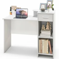 Tangkula White Desk with Storage Drawer & Shelves, Modern Computer Desk with Adjustable Shelf & Cable Hole, White