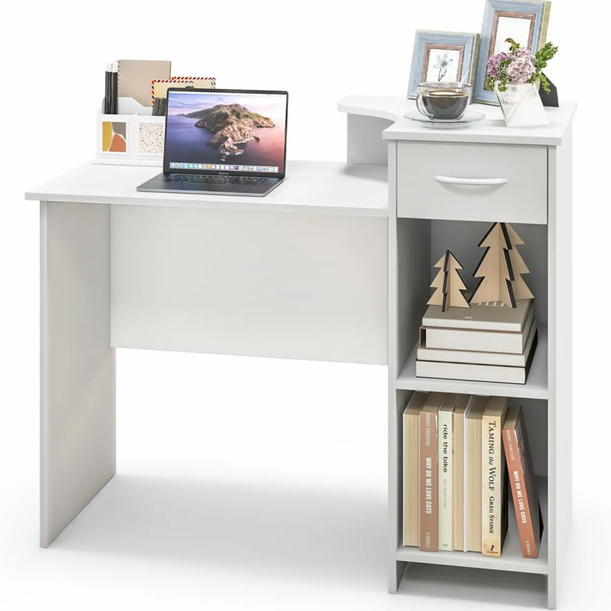 Tangkula White Desk with Storage Drawer & Shelves, Modern Computer Desk with Adjustable Shelf & Cable Hole, White