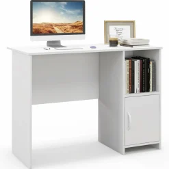 Tangkula White Desk with Cabinet & Open Shelf, Small Writing Study Desk with Cable Hole