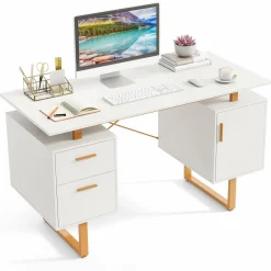 Tangkula White Desk with Storage Drawers & Cabinet, Home Office Computer Workstation with Floating Desktop