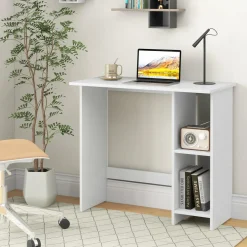Tangkula White Desk with Storage Shelves, Modern Small Writing Desk with Adjustable Shelf (White)