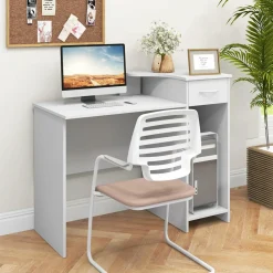 Tangkula White Desk with Storage Drawer & Shelves, Modern Computer Desk with Adjustable Shelf & Cable Hole, White