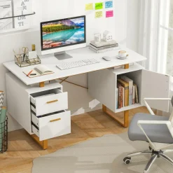Tangkula White Desk with Storage Drawers & Cabinet, Home Office Computer Workstation with Floating Desktop