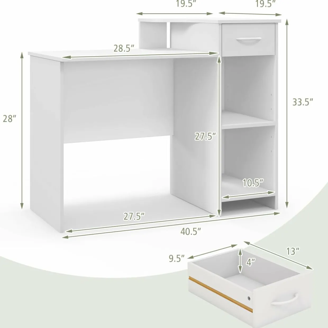 Tangkula White Desk with Storage Drawer & Shelves, Modern Computer Desk with Adjustable Shelf & Cable Hole, White