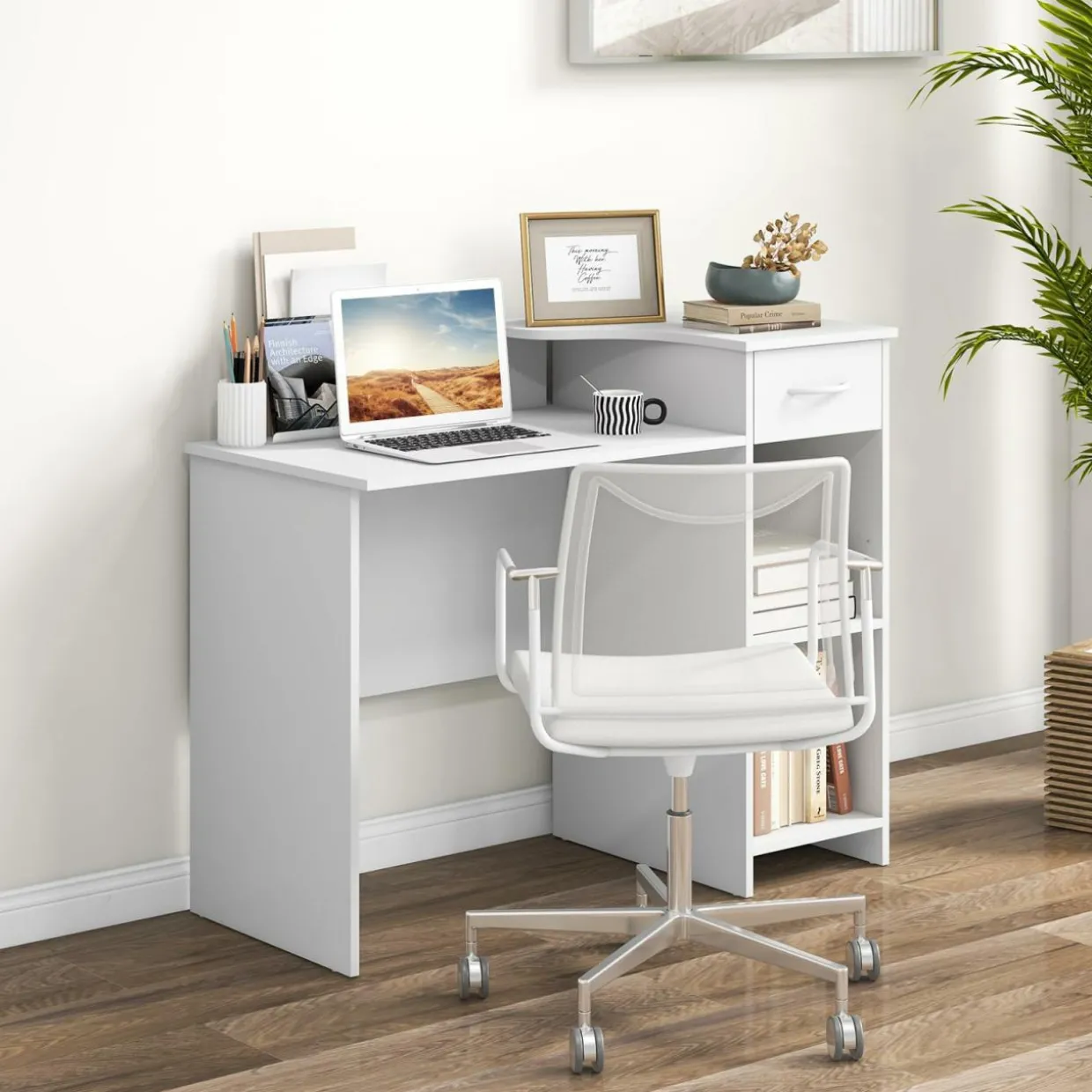 Tangkula White Desk with Storage Drawer & Shelves, Modern Computer Desk with Adjustable Shelf & Cable Hole, White