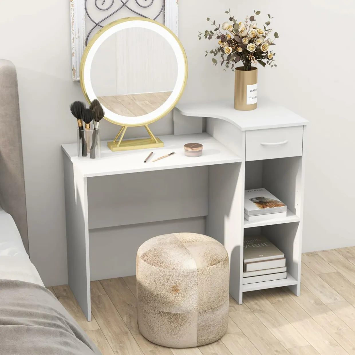 Tangkula White Desk with Storage Drawer & Shelves, Modern Computer Desk with Adjustable Shelf & Cable Hole, White