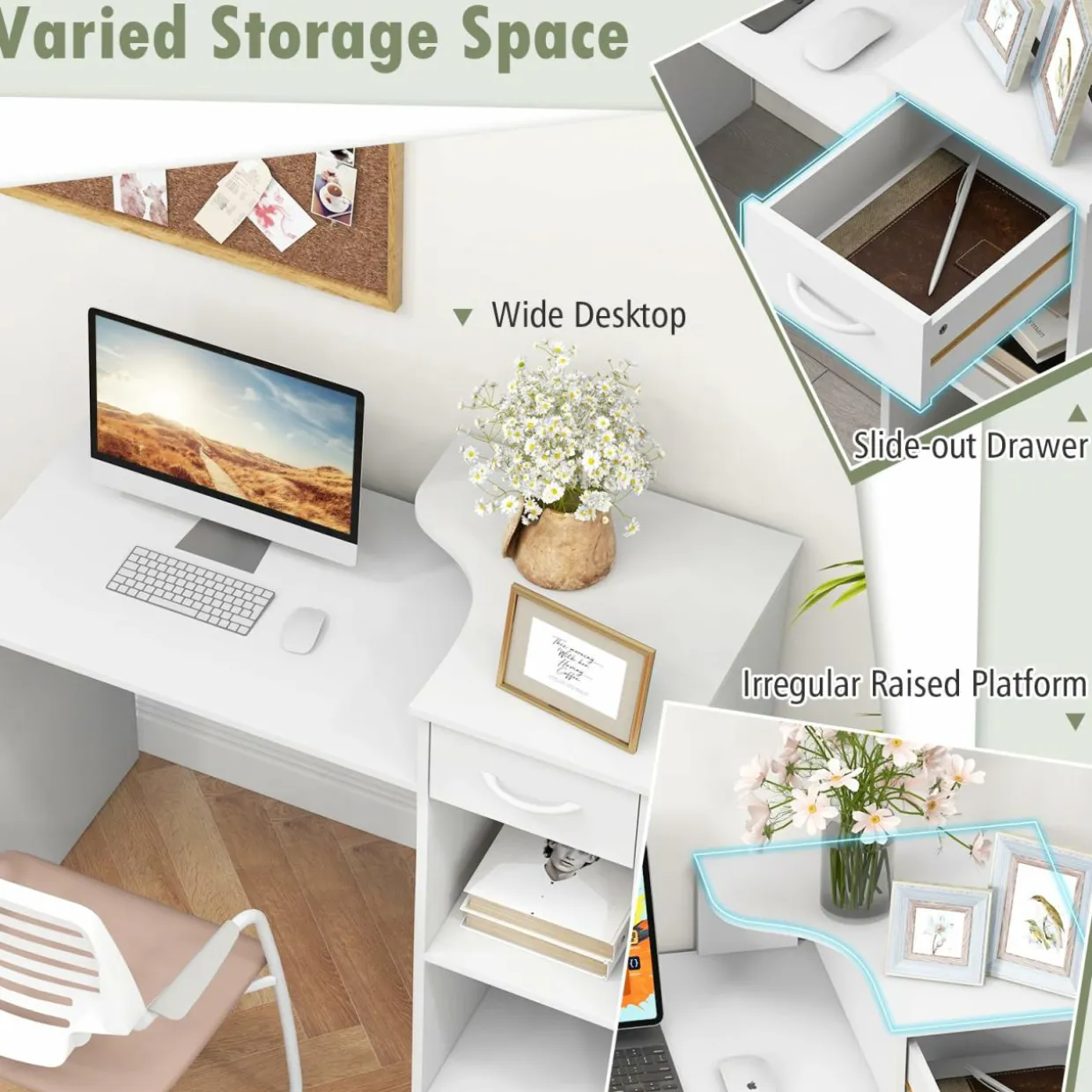 Tangkula White Desk with Storage Drawer & Shelves, Modern Computer Desk with Adjustable Shelf & Cable Hole, White