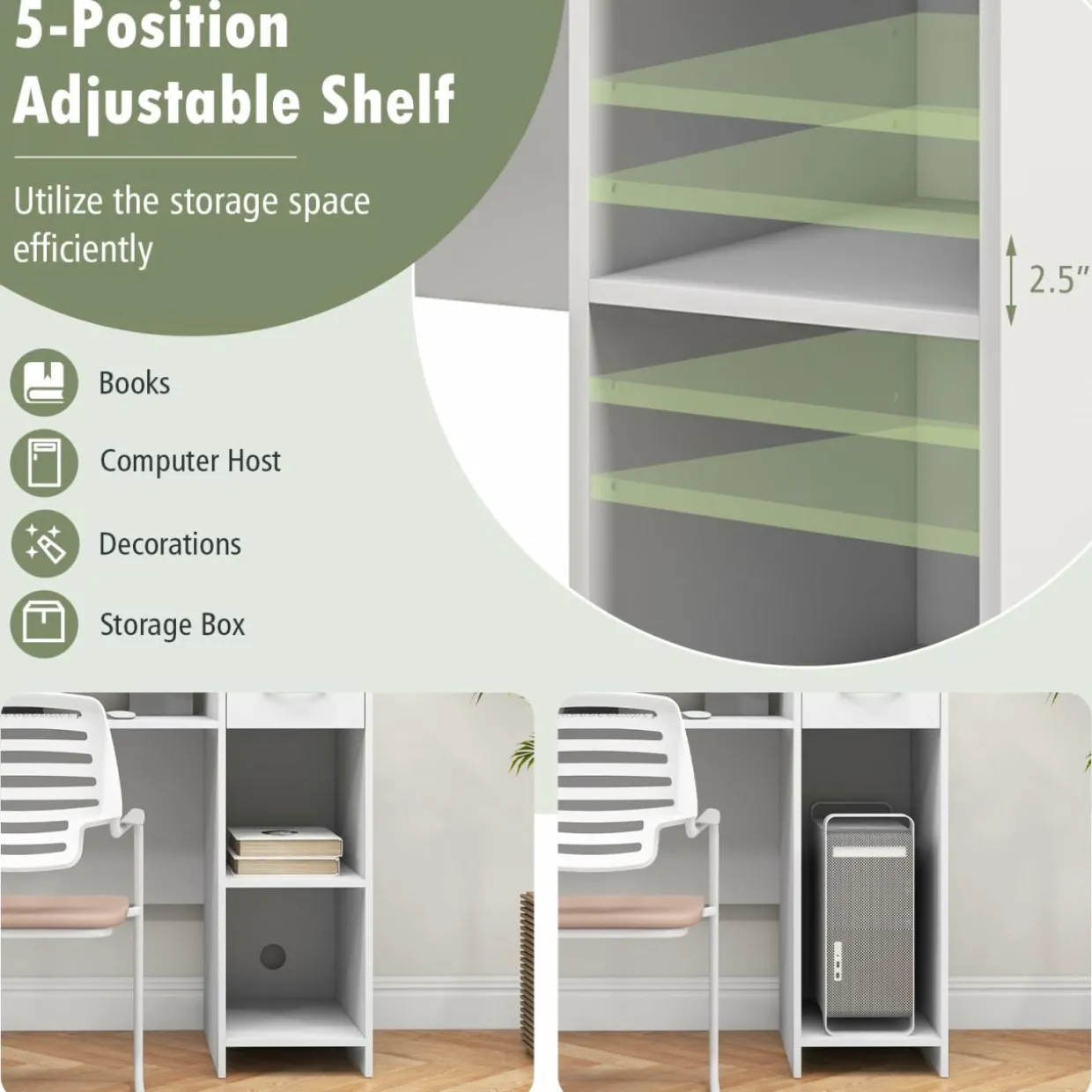 Tangkula White Desk with Storage Drawer & Shelves, Modern Computer Desk with Adjustable Shelf & Cable Hole, White